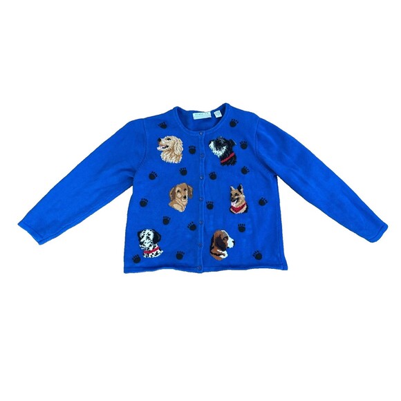 Marisa Christina Sweaters - Blue Cardigan Sweater Knit Dogs 1990s Large Vintage Marisa Christina Paw Prints